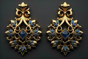 Earrings made of gold on a solid color background close up. ai generative photo