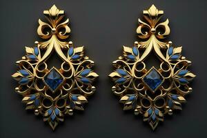 Earrings made of gold on a solid color background close up. ai generative photo