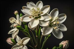 Beautiful white lilies on solid color background, closeup. Floral decor. ai generative photo