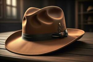 Cowboy hat on a wooden table. ai generative photo