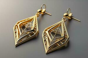 Earrings made of gold on a solid color background close up. ai generative photo