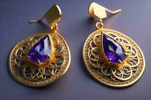 Earrings made of gold on a solid color background close up. ai generative photo