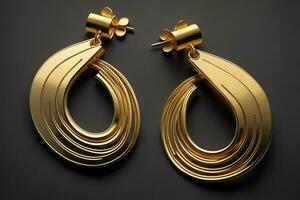 Earrings made of gold on a solid color background close up. ai generative photo