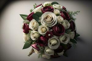 Beautiful bridal bouquet of different flowers on a dark background. ai generative photo