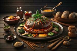 Homemade hamburger with fresh vegetables and spices on dark wooden background. ai generative photo