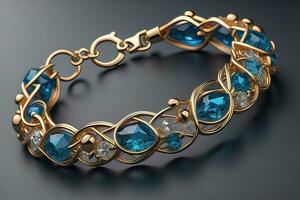 Jewelry Bracelet with precious stones on a gray background. Studio shot. ai generative photo