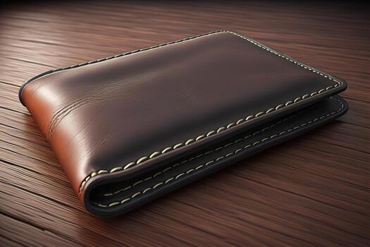 A leather wallet on a wooden background. ai generative photo