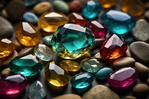 Colorful gemstones on black wooden table, close-up. ai generative photo