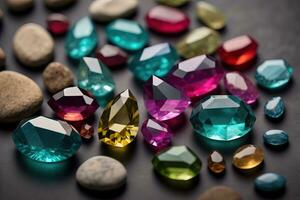 Colorful gemstones on black wooden table, close-up. ai generative photo