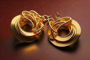 Earrings made of gold on a solid color background close up. ai generative photo