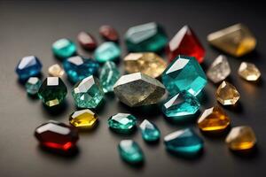 Colorful gemstones on black wooden table, close-up. ai generative photo