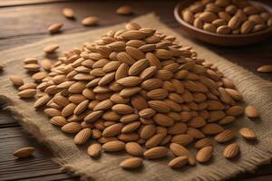 Almond nuts in wooden bowl on sackcloth and wooden background. ai generative photo