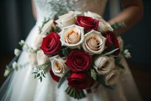 Boda ramo de flores de rosas en el manos de el novia. ai generativo foto