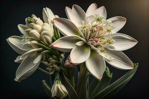 Beautiful white lilies on solid color background, closeup. Floral decor. ai generative photo