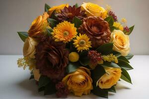 Beautiful bridal bouquet of different flowers on a dark background. ai generative photo