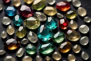 Colorful gemstones on black wooden table, close-up. ai generative photo