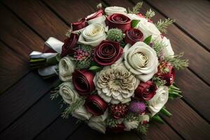 Beautiful bridal bouquet of different flowers on a dark background. ai generative photo