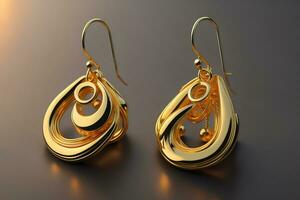 Earrings made of gold on a solid color background close up. ai generative photo