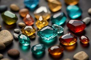 Colorful gemstones on black wooden table, close-up. ai generative photo