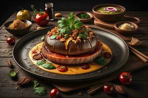 Homemade hamburger with fresh vegetables and spices on dark wooden background. ai generative photo