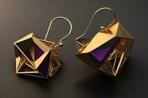 Earrings made of gold on a solid color background close up. ai generative photo