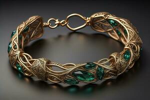 Jewelry Bracelet with precious stones on a gray background. Studio shot. ai generative photo