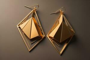 Earrings made of gold on a solid color background close up. ai generative photo