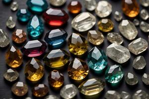 Colorful gemstones on black wooden table, close-up. ai generative photo