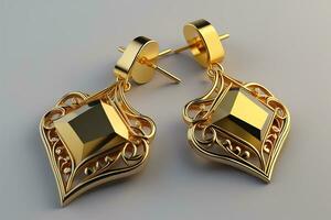 Earrings made of gold on a solid color background close up. ai generative photo