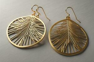 Earrings made of gold on a solid color background close up. ai generative photo