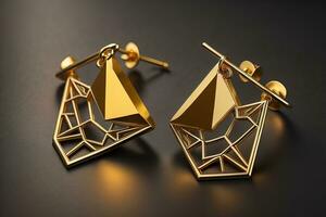 Earrings made of gold on a solid color background close up. ai generative photo