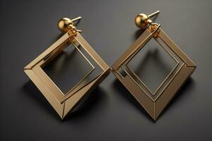 Earrings made of gold on a solid color background close up. ai generative photo