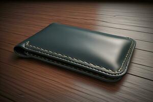 A leather wallet on a wooden background. ai generative photo