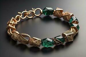 Jewelry Bracelet with precious stones on a gray background. Studio shot. ai generative photo