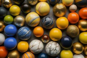 Colorful Variety of marbles as a background, top view, close up. ai generative photo