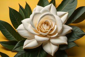 White rose with green leaves on a solid color background, top view. ai generative photo