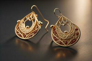 Earrings made of gold on a solid color background close up. ai generative photo