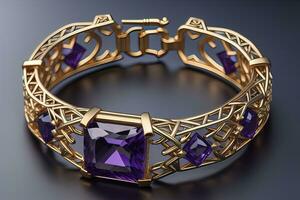 Jewelry Bracelet with precious stones on a gray background. Studio shot. ai generative photo