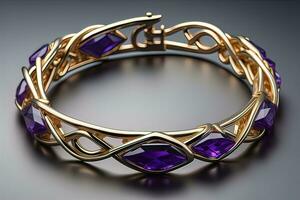 Jewelry Bracelet with precious stones on a gray background. Studio shot. ai generative photo