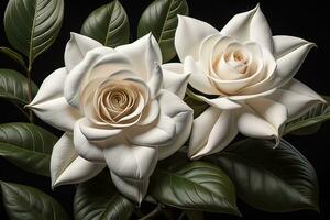 White rose with green leaves on a solid color background, top view. ai generative photo