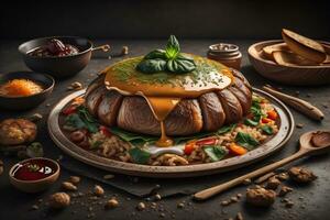 Homemade hamburger with fresh vegetables and spices on dark wooden background. ai generative photo