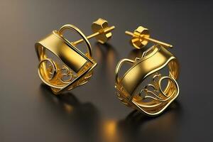 Earrings made of gold on a solid color background close up. ai generative photo