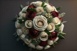 Beautiful bridal bouquet of different flowers on a dark background. ai generative photo