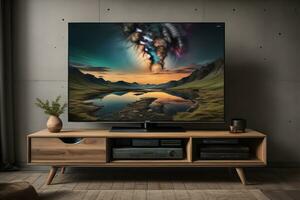 TV on the wooden cabinet in modern living room. ai generative photo