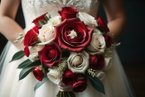 Boda ramo de flores de rosas en el manos de el novia. ai generativo foto