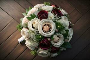 Beautiful bridal bouquet of different flowers on a dark background. ai generative photo