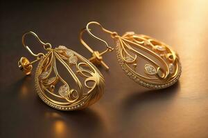 Earrings made of gold on a solid color background close up. ai generative photo