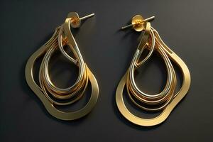 Earrings made of gold on a solid color background close up. ai generative photo