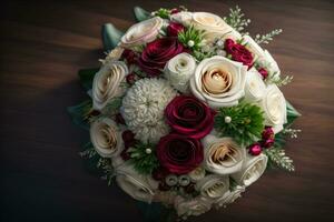 Beautiful bridal bouquet of different flowers on a dark background. ai generative photo