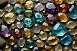 Colorful gemstones on black wooden table, close-up. ai generative photo